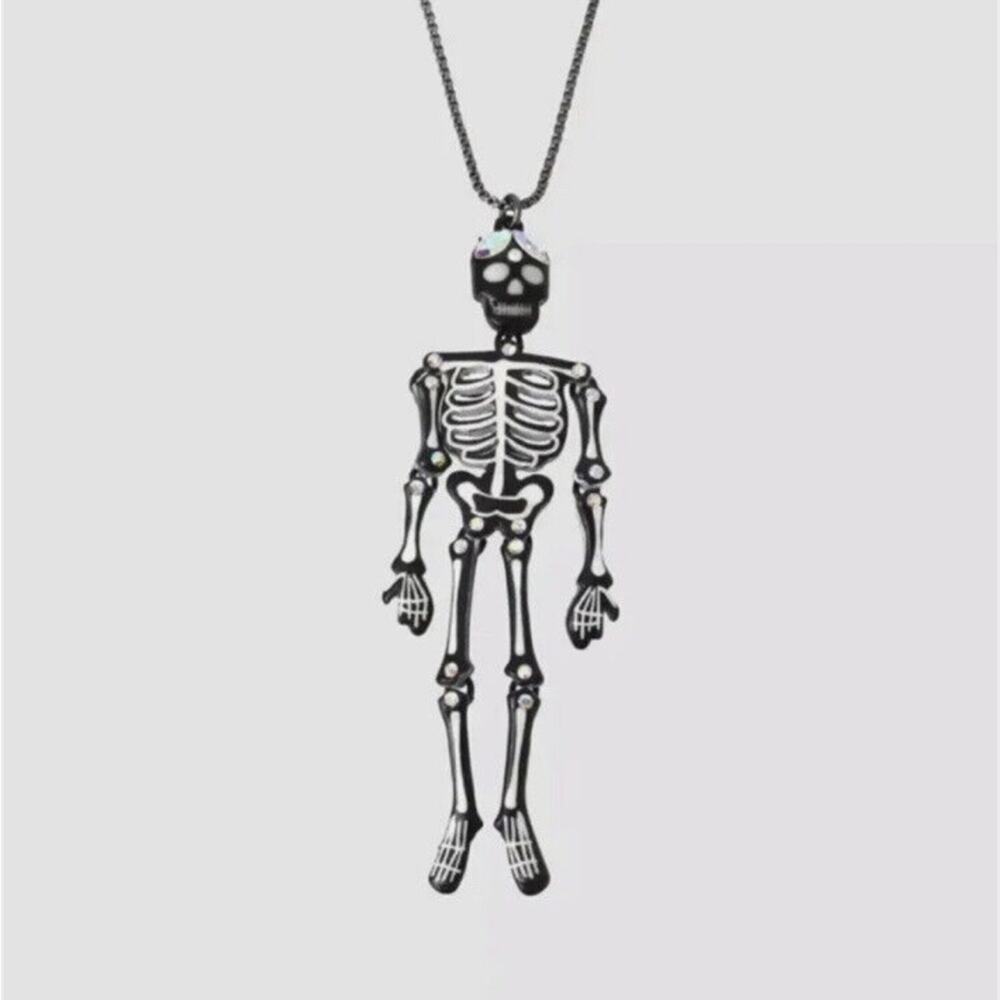 Betsey Johnson Hematite Tone Just Treats Skeleton Glow Pendant Necklace - Picture 2 of 6